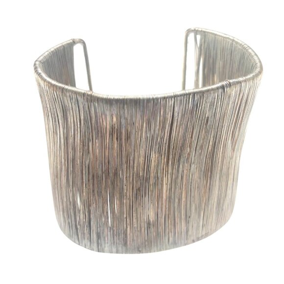 Hollywood Sensation Silver Wire 1980s Cage Cuff Bangle BraceletWide Textured Sil - Picture 1 of 8